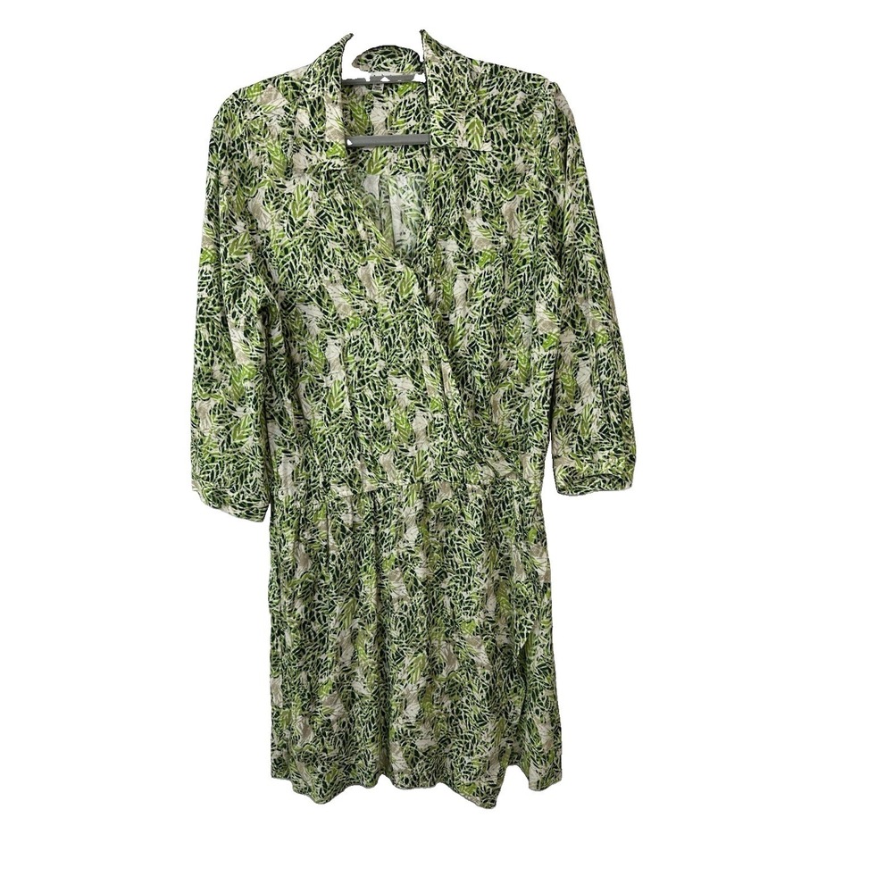 Cabi Wrap Dress Women's Sz M Green White Abstract RollTab 3/4 Sleeves KneeLengt